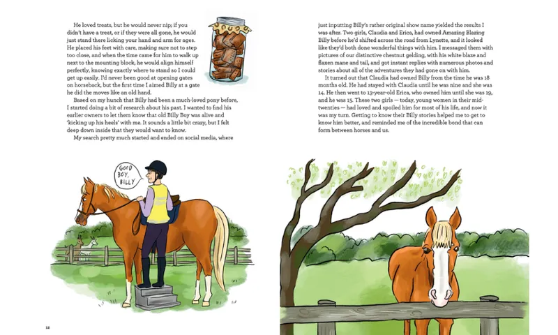 A spread from inside a book about a woman's relationship with a horse. Illustrations alongside the text depict a woman with a chestnut horse.