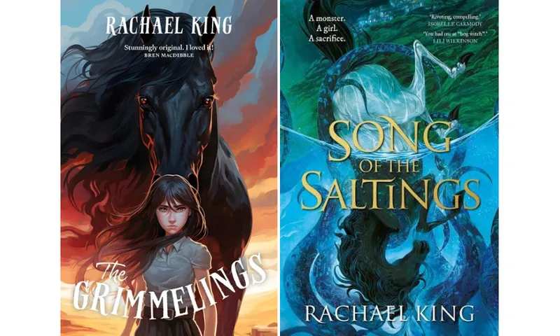 Two book covers side by side: The Grimmelings, and The Song of the Saltings by Rachael King