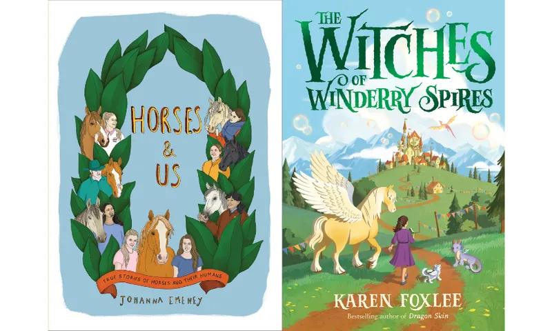 Two book covers side by side: Horses & Us, and The Witches of Winderry Spires