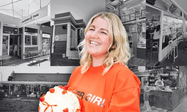 a black and white collage of hospitality shopfronts, with a young woman with blonde hear and wearing a bright orange sweatshirt. she's smiling and holding a white cake with red decorations