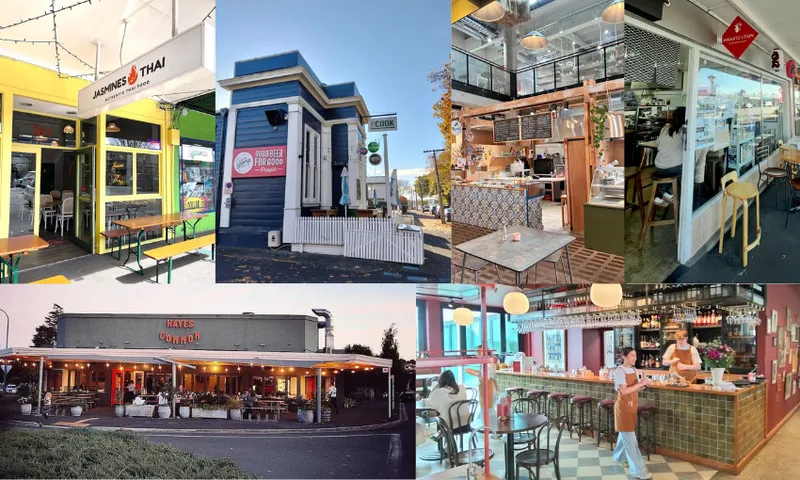 a collage of six colourful hospitality shopfronts in Hamilton East