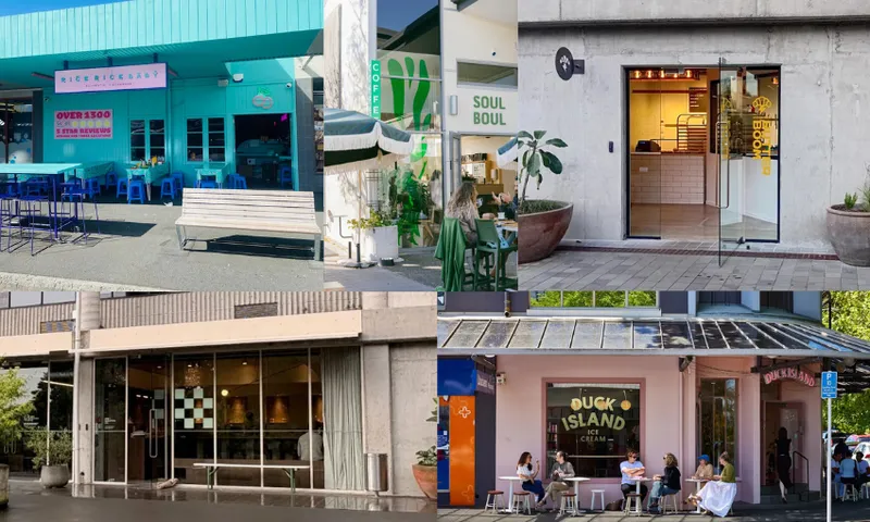 a collage of five colourful hospitality shopfronts in Hamilton East