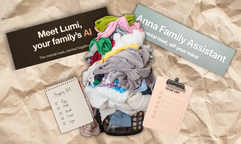 A laundry basket overflowing with clothes is surrounded by shopping and to-do lists, and banners reading “Meet Lumi, your family’s AI” and “Anna Family Assistant.” The scene is set on a crumpled paper background.