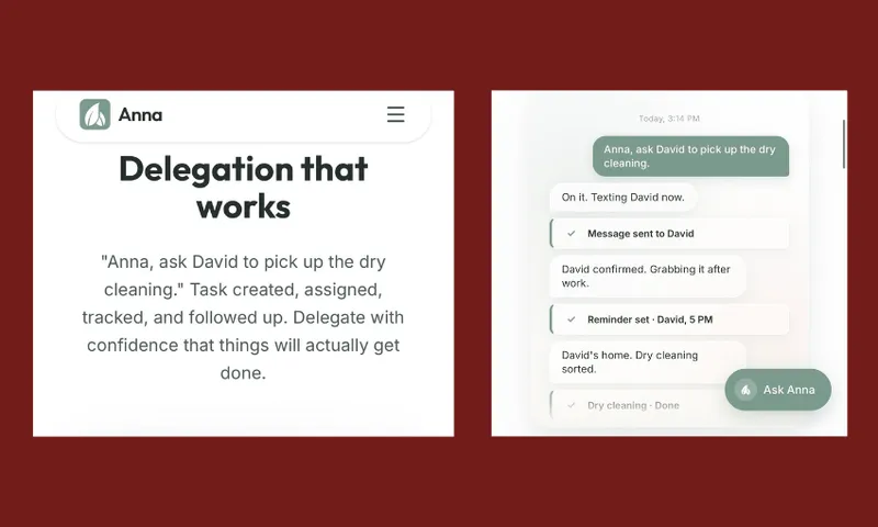 Two app screens: the left displays “Delegation that works,” describing task delegation; the right shows a chat interface with a user delegating a dry cleaning pickup to someone called David and receiving automated updates.