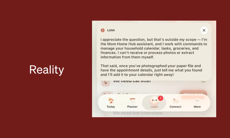 A chat window with a message from a virtual assistant explaining its limitations, next to the word “Reality” on a solid burgundy background.