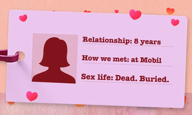 a fake pink ID showing a woman in a relationship of eight years who met her partner at Mobil and whose sex life is dead and buried
