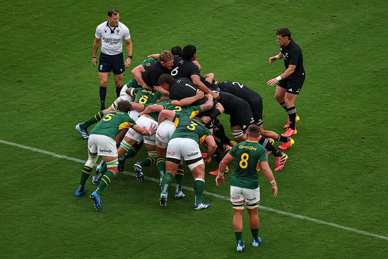 a rolling maul in rugby with a dozen players, half wearing black and half wearing green and white on a field of green