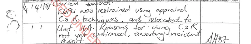 an old scan of a handwritten file detailing notes on a prisoner names Kepu being restrained on 14th of April 2010