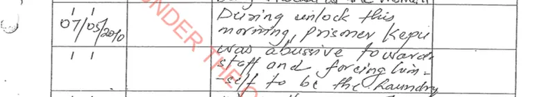 another scan of file notes, this one regarding abusive behaviour towards staff on May 7, 2010