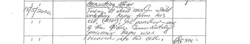 prisoner file notes scan detailing a prisoner assaulting a prison officer