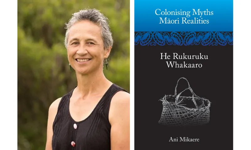 A photo of author Ani Mikaere who is standing outside and wearing a black sleeveless top. She has short hair and is smiling. Beside the photo is the cover of Ani's book.