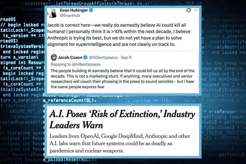Tweets by AI researchers Jacob Coxon and Evan Hubringer. New York Times headlines