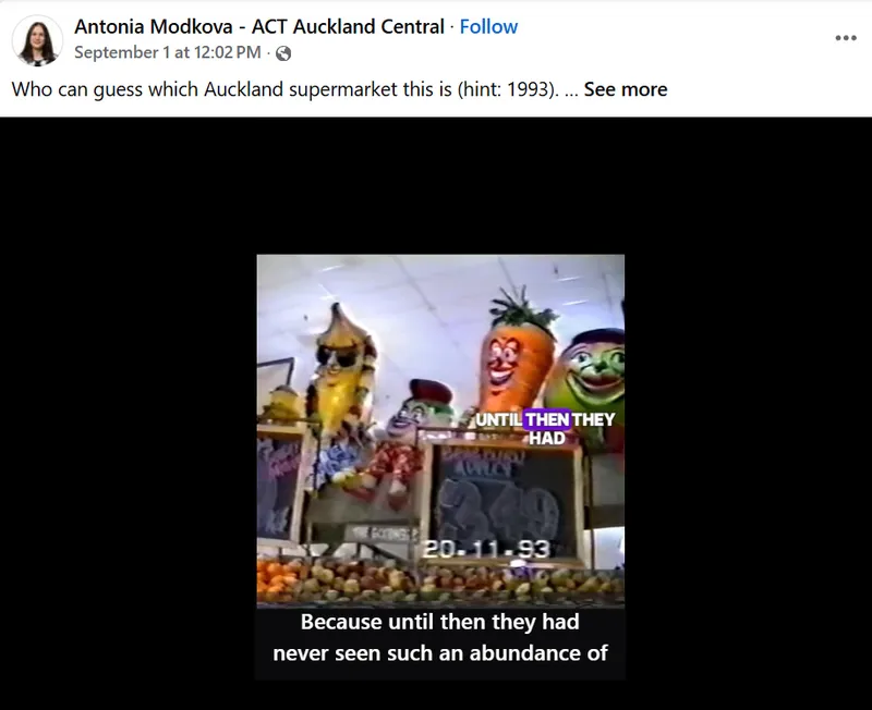 A vintage supermarket display features large fruit and vegetable mascots above produce, with a sign showing the date 20-11-93. Text on the image reads, “Because until then they had never seen such an abundance of.”.