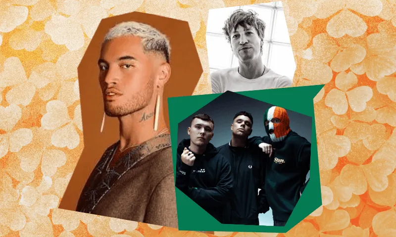 A collage featuring a serious-looking man with bleached hair, a black and white photo of a person in a white shirt, and three men in dark hoodies, one wearing an orange and green mask, against a backdrop of heart shapes.