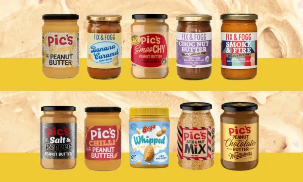 Ten jars of various peanut butter brands and flavors are arranged in two rows against a peanut butter-themed background. Flavors include honey, caramel, chocolate, chili, salt & pepper, and whipped peanut butter.