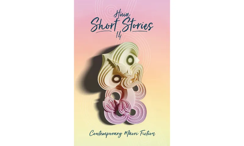 The cover of Huia Short Stories 14 which has a pink and yellow hei tiki.