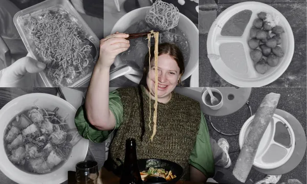 a black and white collage of mostly indian dishes with a colour image of a woman holding up look noodles with chopsticks