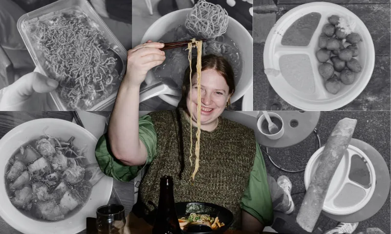 a black and white collage of mostly indian dishes with a colour image of a woman holding up look noodles with chopsticks