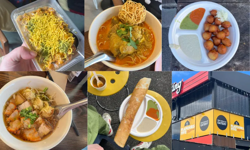 a collage of five asian cuisine dishes and one sign advertising a restaurant