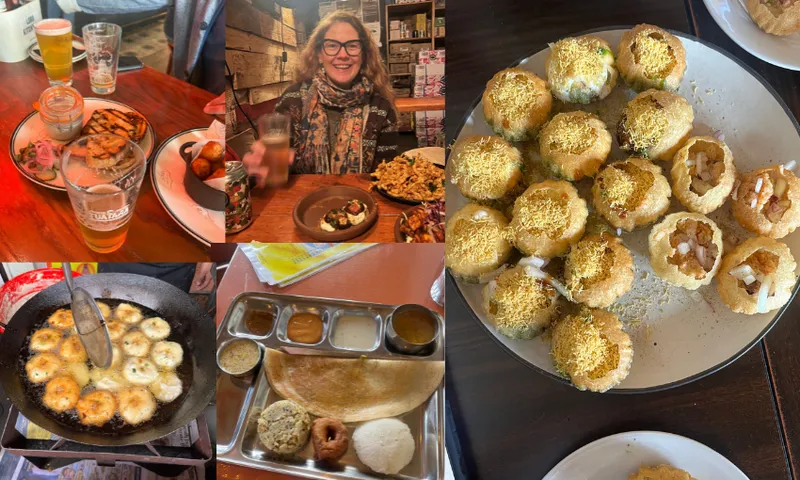 a collage of mostly indian dishes laid on restaurant tables including one with a woman wearing glasses and smiling