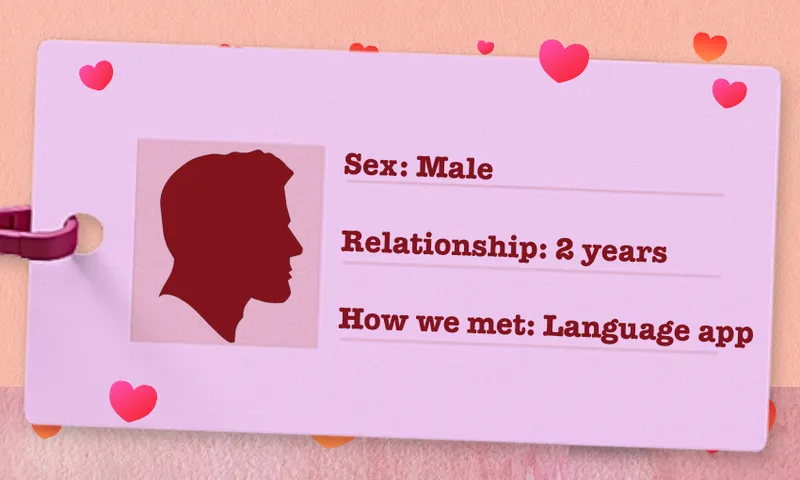 fake pink ID card showing a man in a relationship of two years who met his partner on a language app