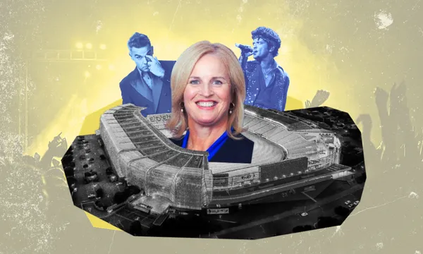 Louise Upston's head popping out of a stadium, with singers behind her