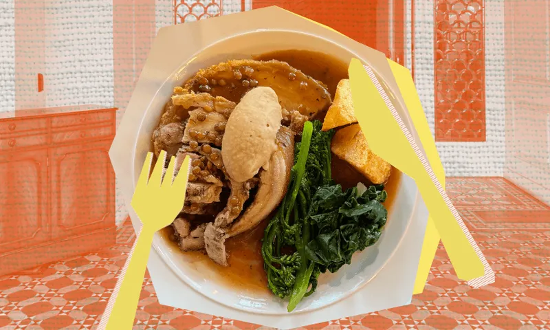 A white bowl of braised pork with tofu, leafy greens, and brown sauce on a plate. Yellow cartoon fork and knife appear to hold the bowl, with an orange patterned background.