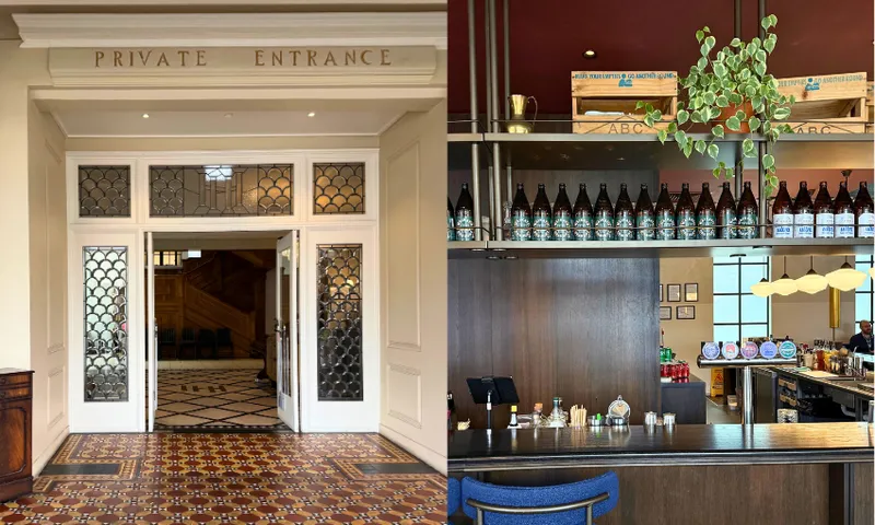 Split image: Left shows a white double door labeled “Private Entrance” with patterned glass and tiled floor; right shows a modern bar with bottles, plants, and bar stools.