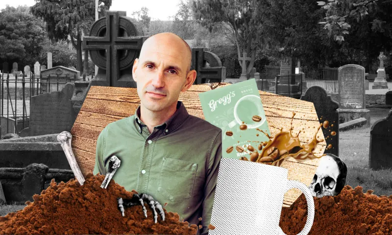 A collage that includes a black and white photo of a cemetery; mounds of instant coffee, a coffee mug spilling over; bones; and a photo of writer John Summers.