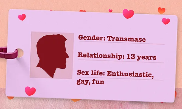 pink fake ID showing a transmasc person in a relationship for 13 years with a sex life that is enthusiastic, gay and fun