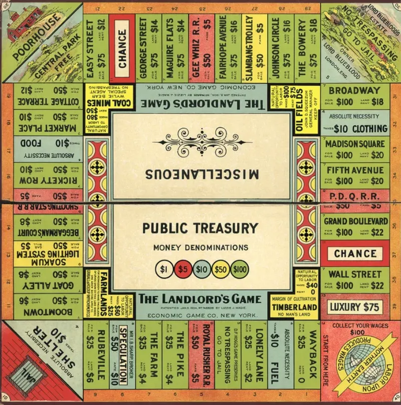 A copy of The Landlord's Game with different squares and “labour upon Mother Earth produces wages” where in the new game there is the Pass Go square