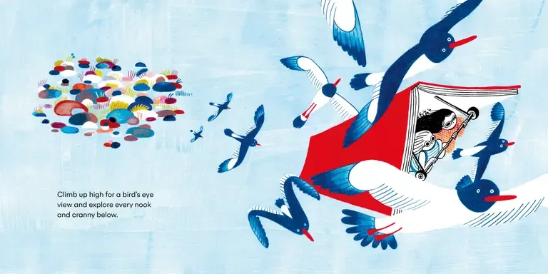 Children are flying on a large book like a hang glider, with birds flying around them.