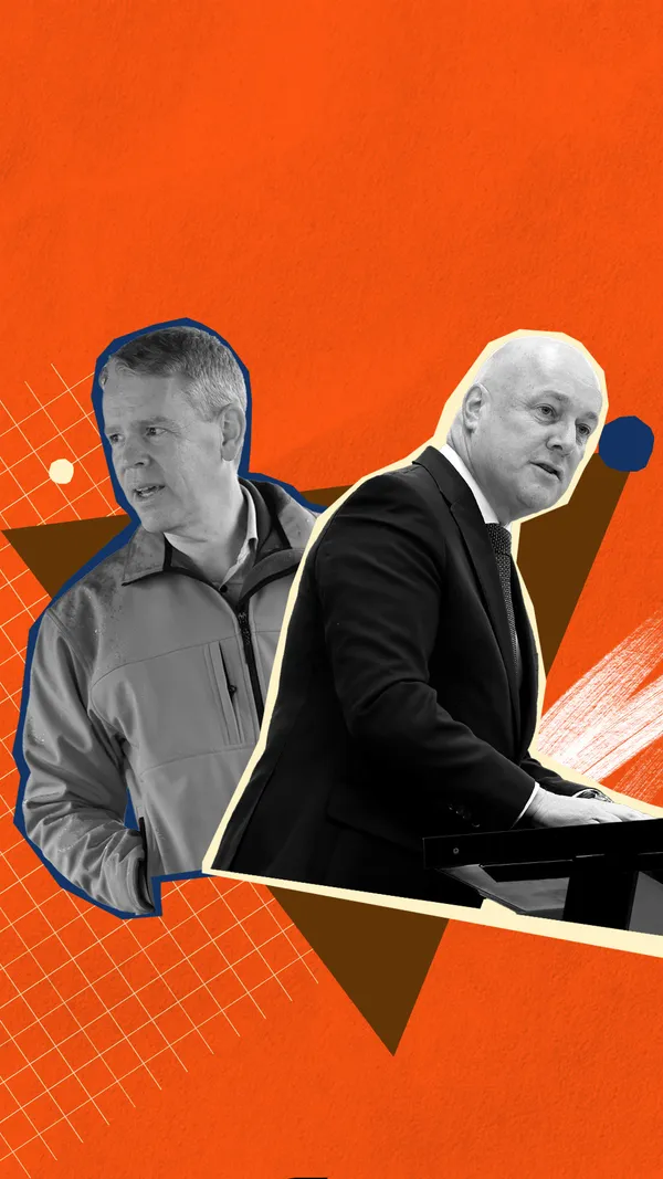 Black-and-white cut-out images of Chris Hipkins and Christopher Luxon on an orange abstract background.