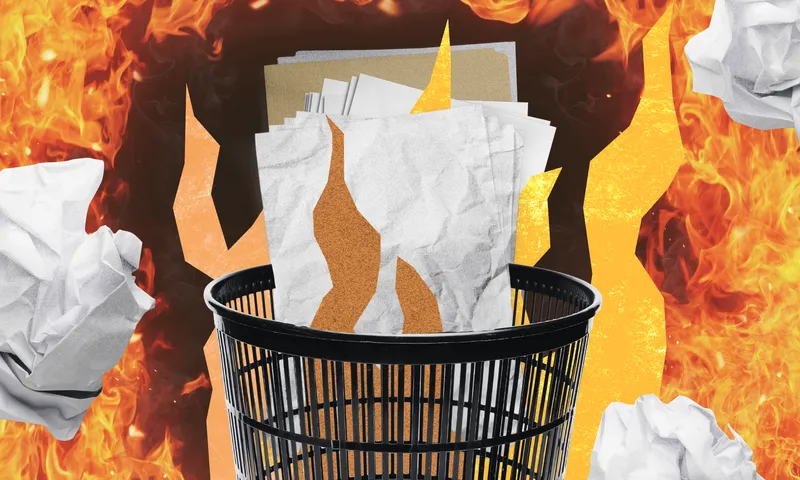 Crumpled papers and folders in a trash bin, surrounded by flames and burning shapes, suggesting destruction or discarding of documents.