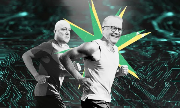 two middle aged white men in running gear, with their faces photoshopped to be the prime ministers of NZ and Australia. A tech-looking board is in the background