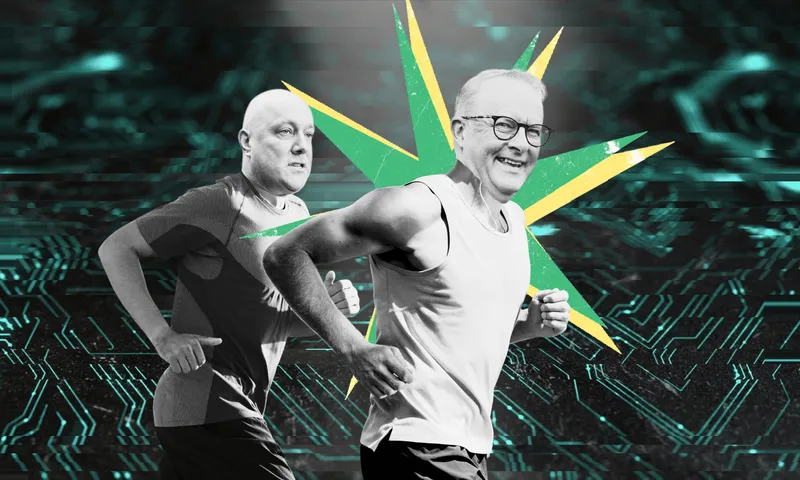 two middle aged white men in running gear, with their faces photoshopped to be the prime ministers of NZ and Australia. A tech-looking board is in the background