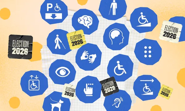 Blue disability and accessibility icons, such as a wheelchair, cane, ear, braille, and guide dog, are overlaid with several “Election 2026” stickers on a yellow patterned background.