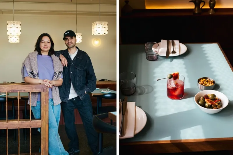 Elie Assaf and Keelan Bowkett Assaf at Yola. A negroni, pickles and nuts on a blue tabletop.