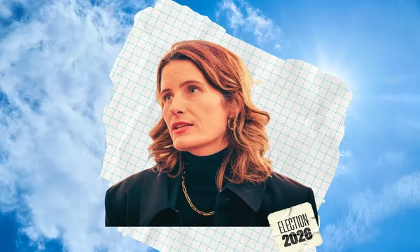 a sky blue background with a piece of grid paper and a female politician with long brown hair looking into the distance