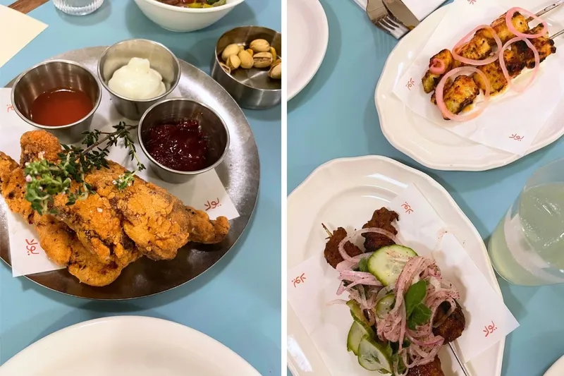 Fried chicken with dips, Beef and chicken shish skewers 