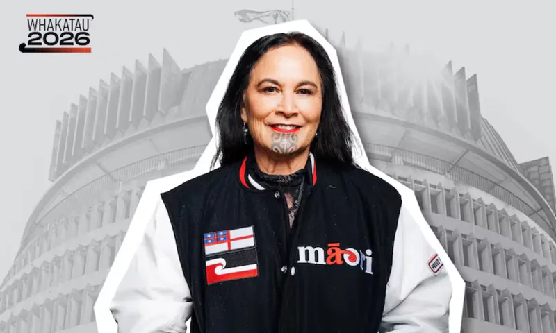 A woman with a chin tattoo smiles, wearing a black and white jacket with Māori symbols. The background shows New Zealand’s Beehive building and a “Whakatau 2026” sign.