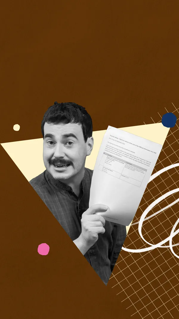 A black-and-white cut-out image of Robbie Nicol holding up a report.