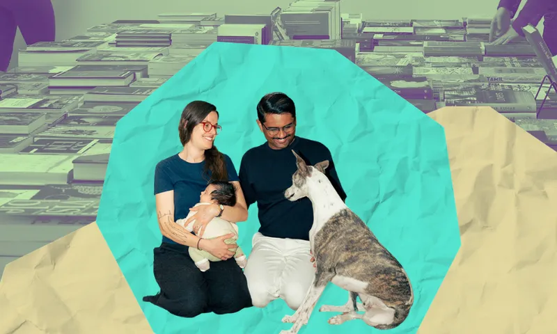 A couple are sitting down. One is holding a baby while the other pats a whippet dog. Behind them is a collage of green.