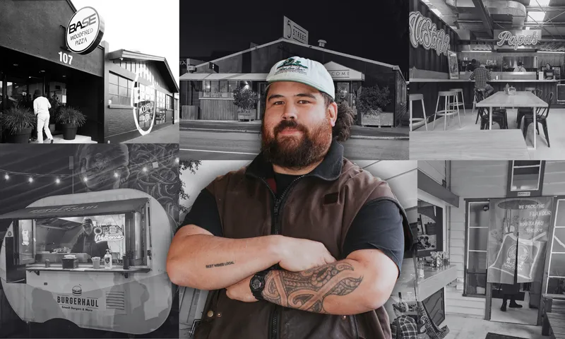 six black and white hospitality shopfronts in a collage with a colour portrait of a Māori man with a strong beard wearing a cap and crossing his arms