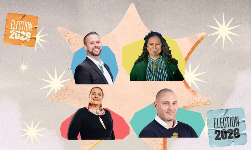 Four people, two men and two women, are shown in formal attire against a colorful, star-themed background with “Election 2023” signs in the corners.