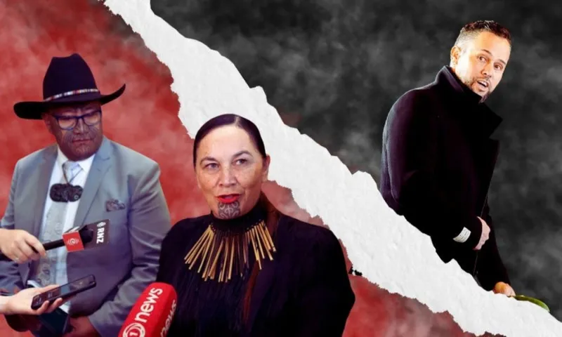 Three people stand against a red and black smoky background, separated by a white torn line; two on the left with microphones, one on the right in a dark coat looking toward the camera.