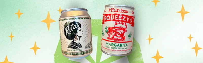 Two cans of margarita drinks are shown on a green background with yellow star shapes. The left can is “Rita’s” featuring a woman in profile; the right can is “Squeezy’s Margarita” with a cartoon character holding a drink.