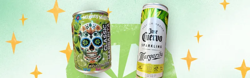 Two canned drinks on a green background with star shapes: one has a colorful sugar skull design, the other is a white and green can labeled “Jose Cuervo Sparkling Margarita.”.
