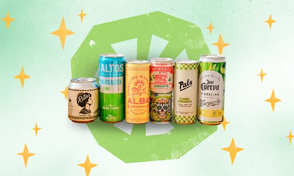 Six colourful canned margarita drinks stand in a row against a light green and star-patterned background. Each can features distinct branding and designs.