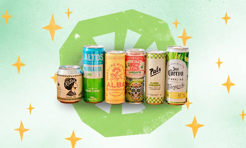 Six colourful canned margarita drinks stand in a row against a light green and star-patterned background. Each can features distinct branding and designs.